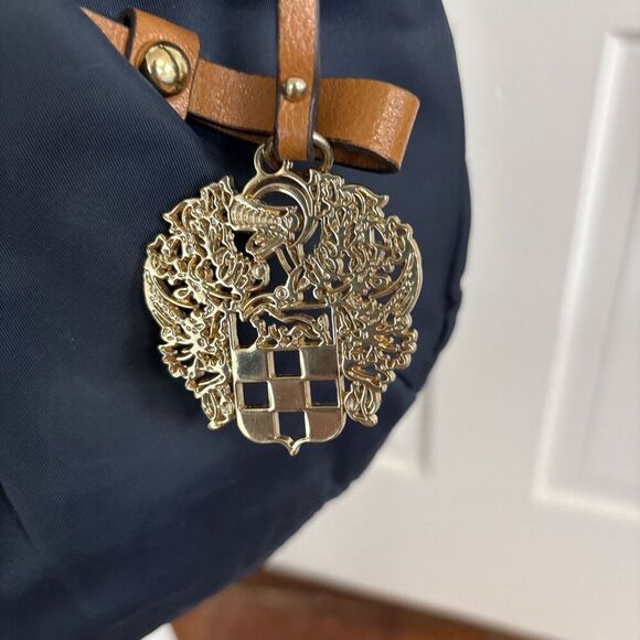 Vince Camuto Cris Blue Nylon Brown Leather Crossbody Tassel Bag Gold - Picture 3 of 6